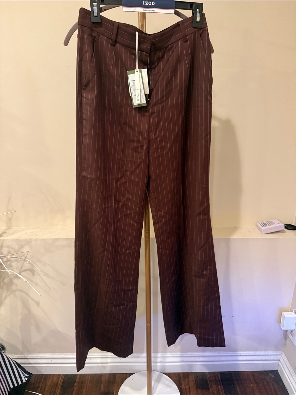 Lillysilk worms. Brown Pinstripe Dress Pants - Dark Brown with Light Pinstripes